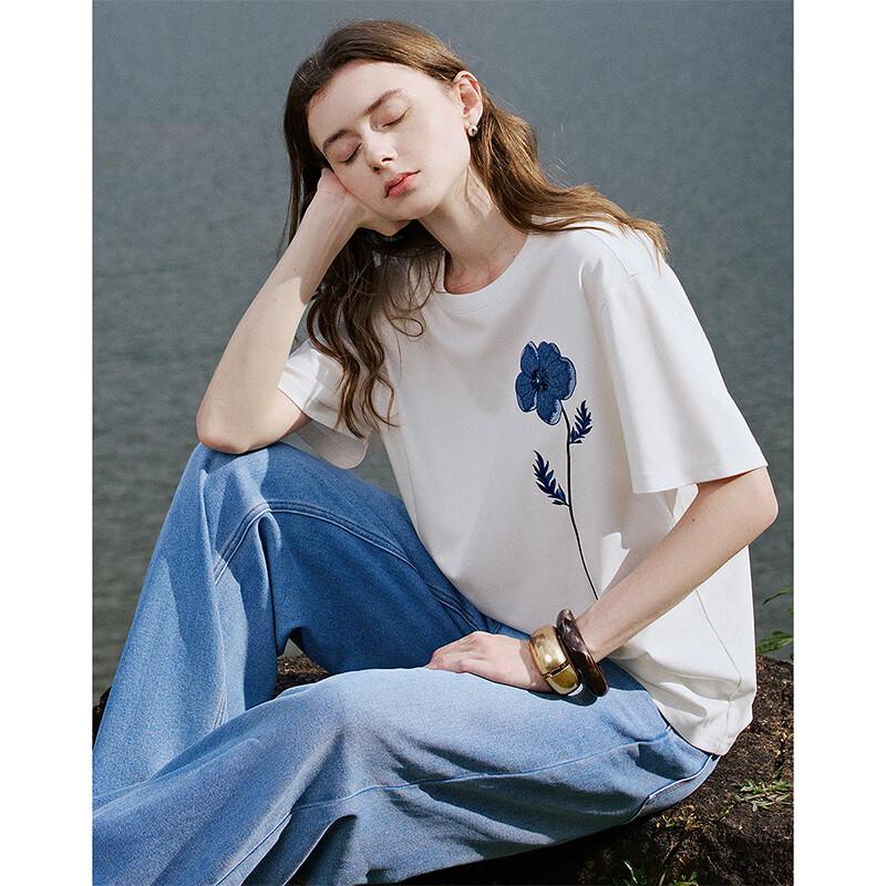 Chuyu Women's Cotton Blend Denim Patch Embroidered T-Shirt
