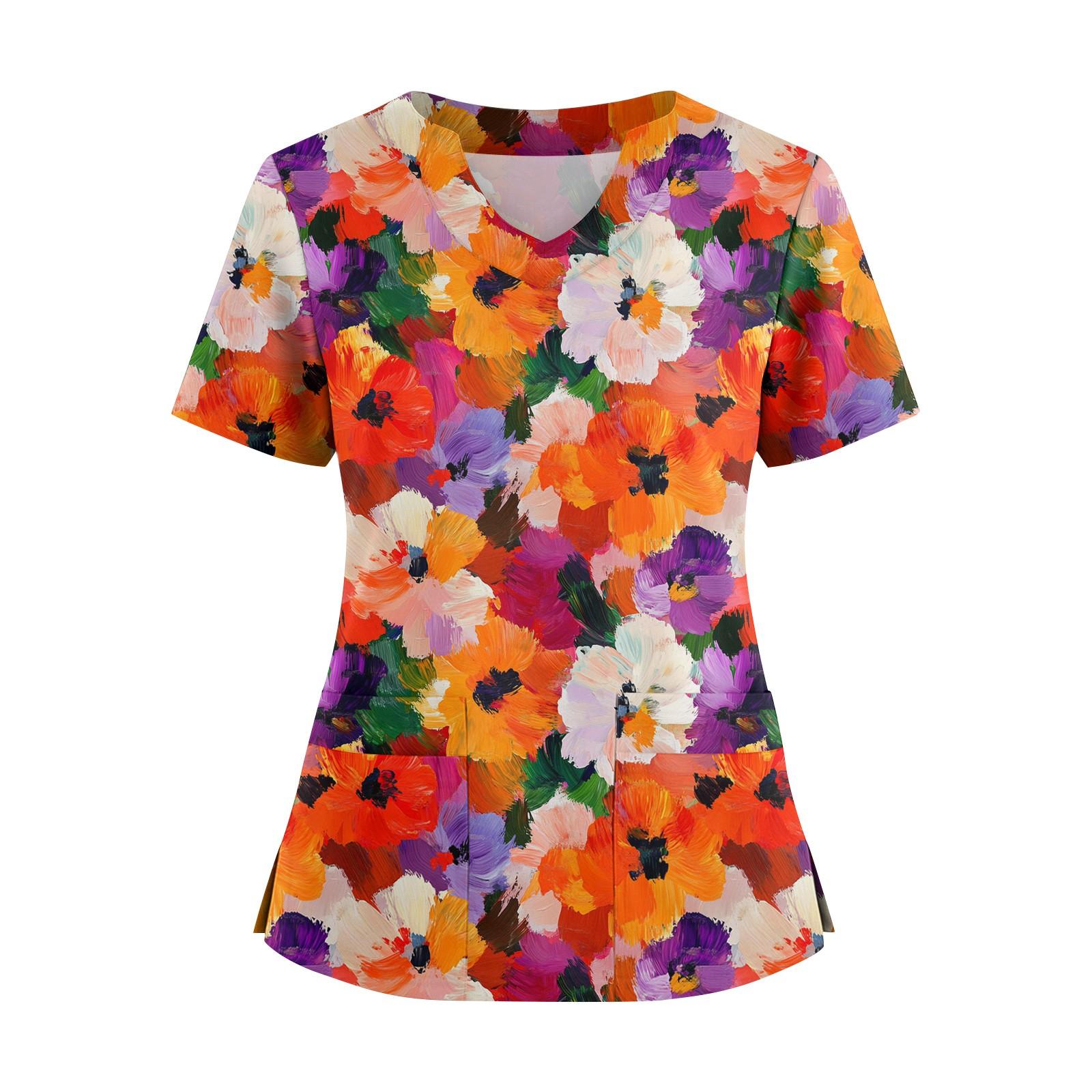 Women s Printed Floral V-neck Loose Short Sleeved Shirt XXL шафрановый
