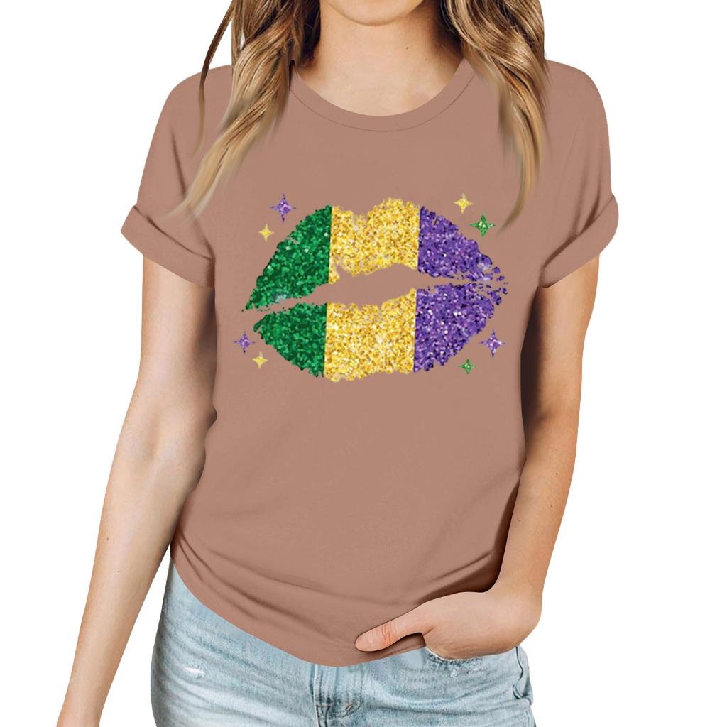 Women's Casual Carnival Print T-Shirt Round Neck Pullover Short Sleeve Top