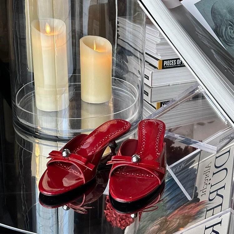 Leather patent leather French temperament kitten heel slippers women's outerwear 2025 summer sandals