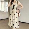 ZANZEA Women Casual Turn Down Collar Loose Short Sleeve Polka Dot Print Dress
