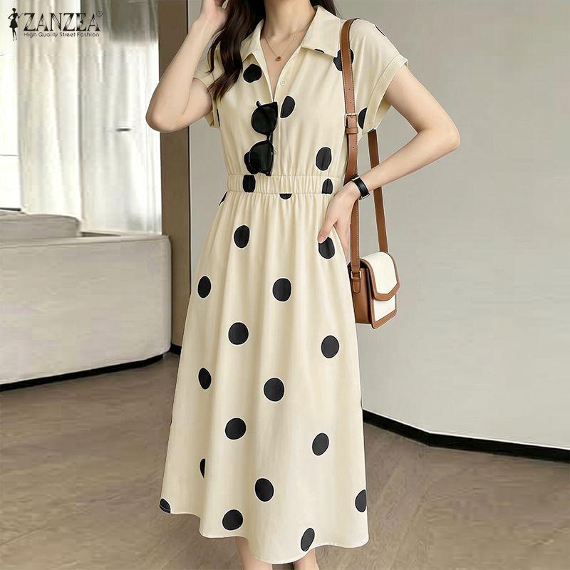ZANZEA Women Casual Turn Down Collar Loose Short Sleeve Polka Dot Print Dress