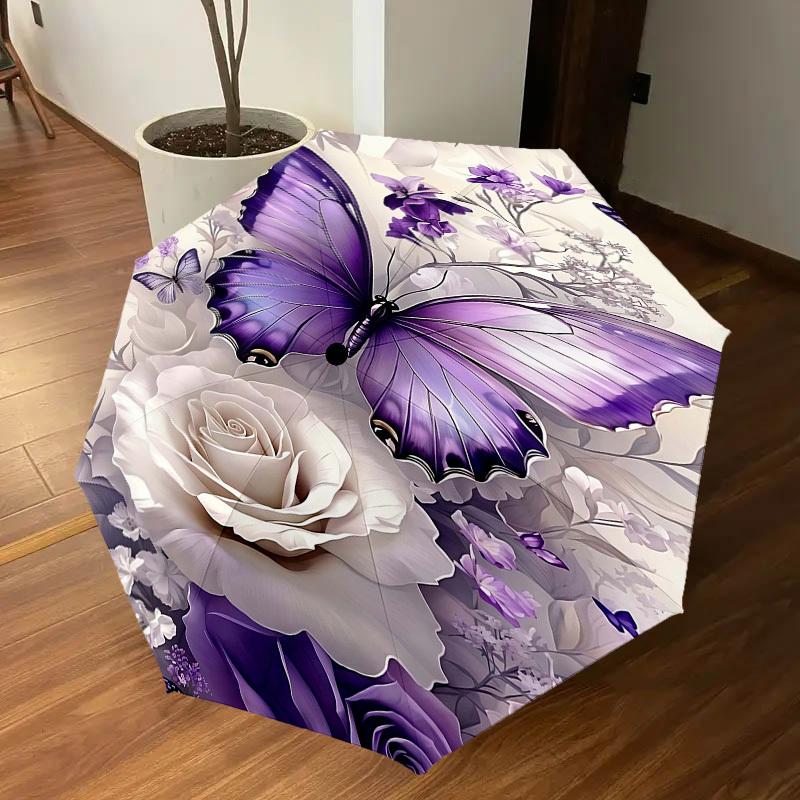 1PC Butterfly Flowers Umbrella-8-Rib Reinforced, Automatic Open, Lightweight & Durable, Fashion Accessory for Outdoor, H0410