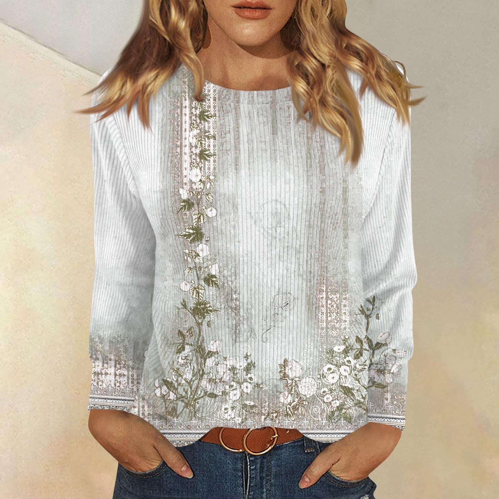 

Длинные рукава топы для женщин футболка повседневные принты топы футболка круглый вырез пуловер блузка L светло-серый