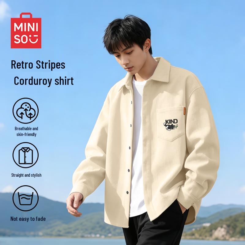 MINISO Men s American Retro Corduroy Cuban Collar Shirt XL