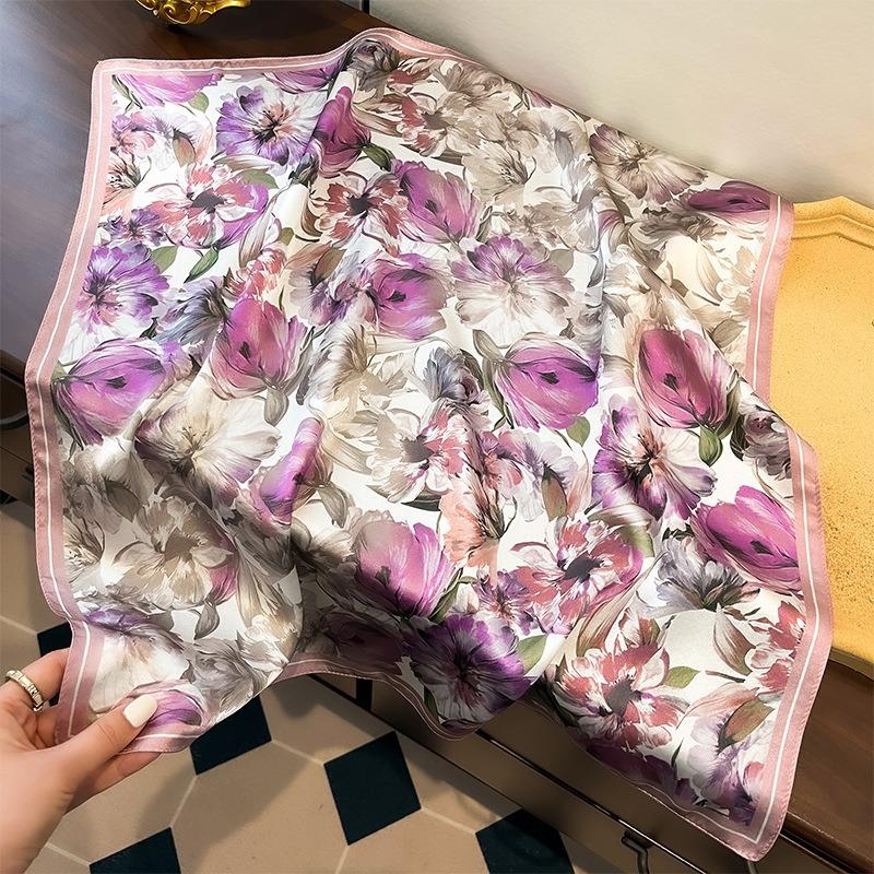New Silk Silk Scarf Women's Spring Fashion Elegant Peony Plain Crepe Satin Silk Scarf 100% Mulberry Silk Square Scarf 53 Silk Scarf
