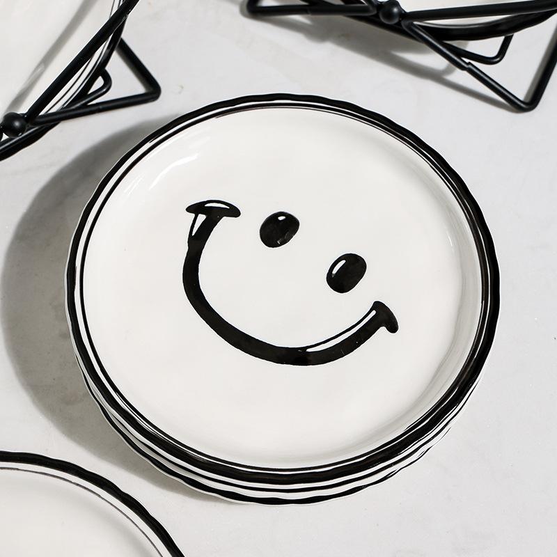 6PCS Smiling Plate Set Korean INS With Metal Rack Dessert Ceramic Plate Fruit Cake Dish Breakfast Bread Tray Dishs Decor Display
