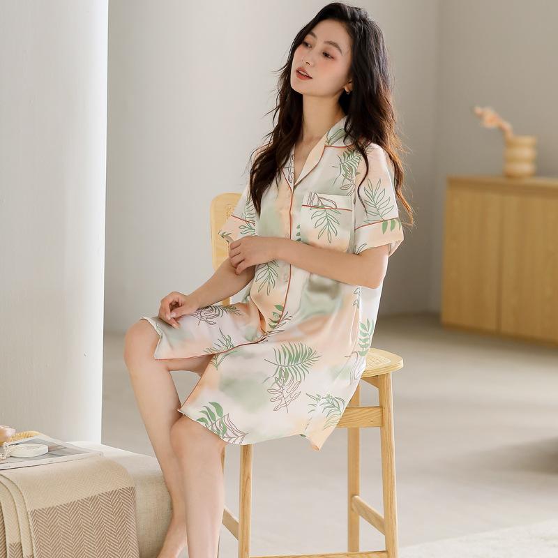 Pajamas Women's Summer Ice Silk Short Sleeve Pajamas Mom 1011 New Summer Thin Simulation Silk High-end Dress