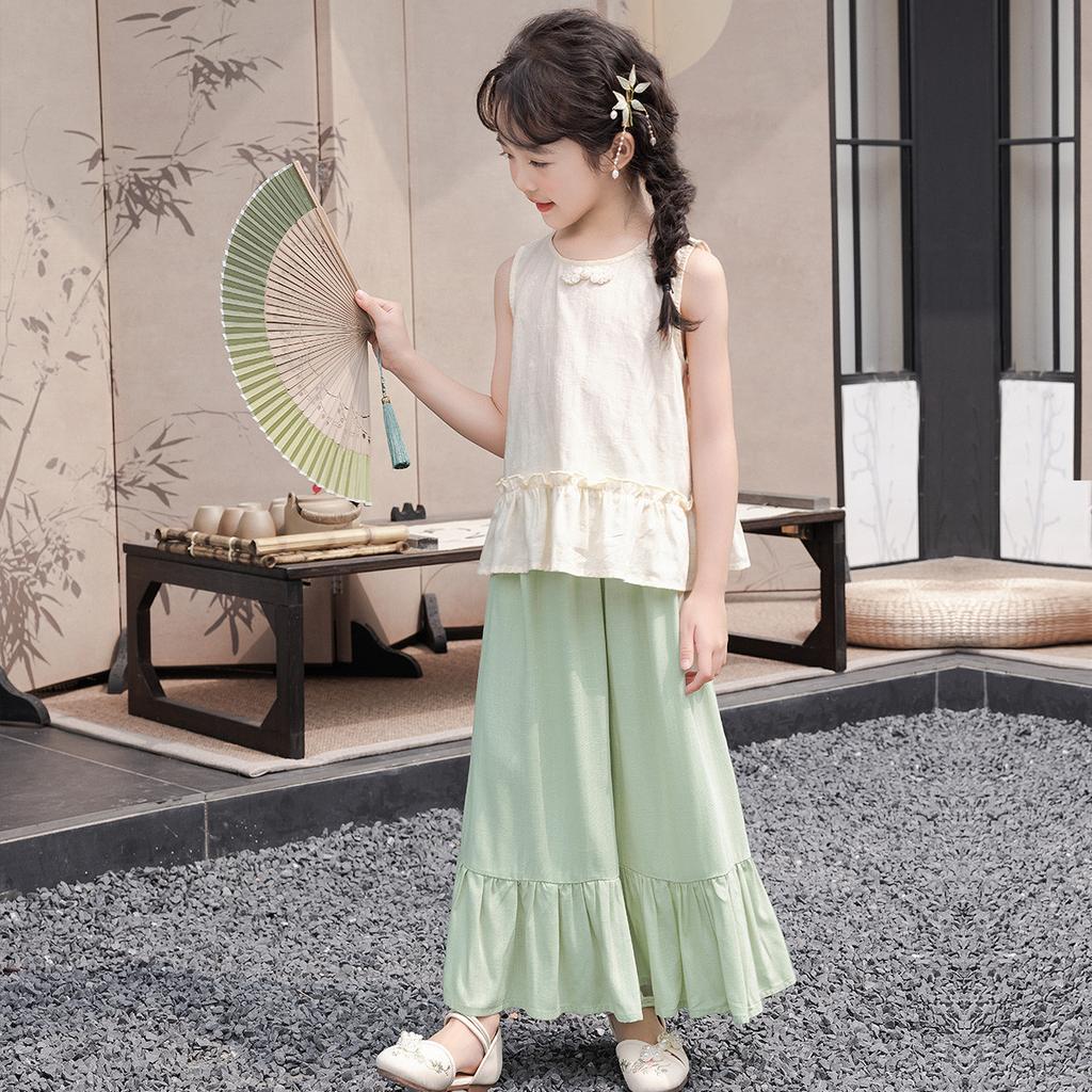 Girls' Summer Outfit Set - Thin Design Vest Top & Wide Leg Pants Skirt