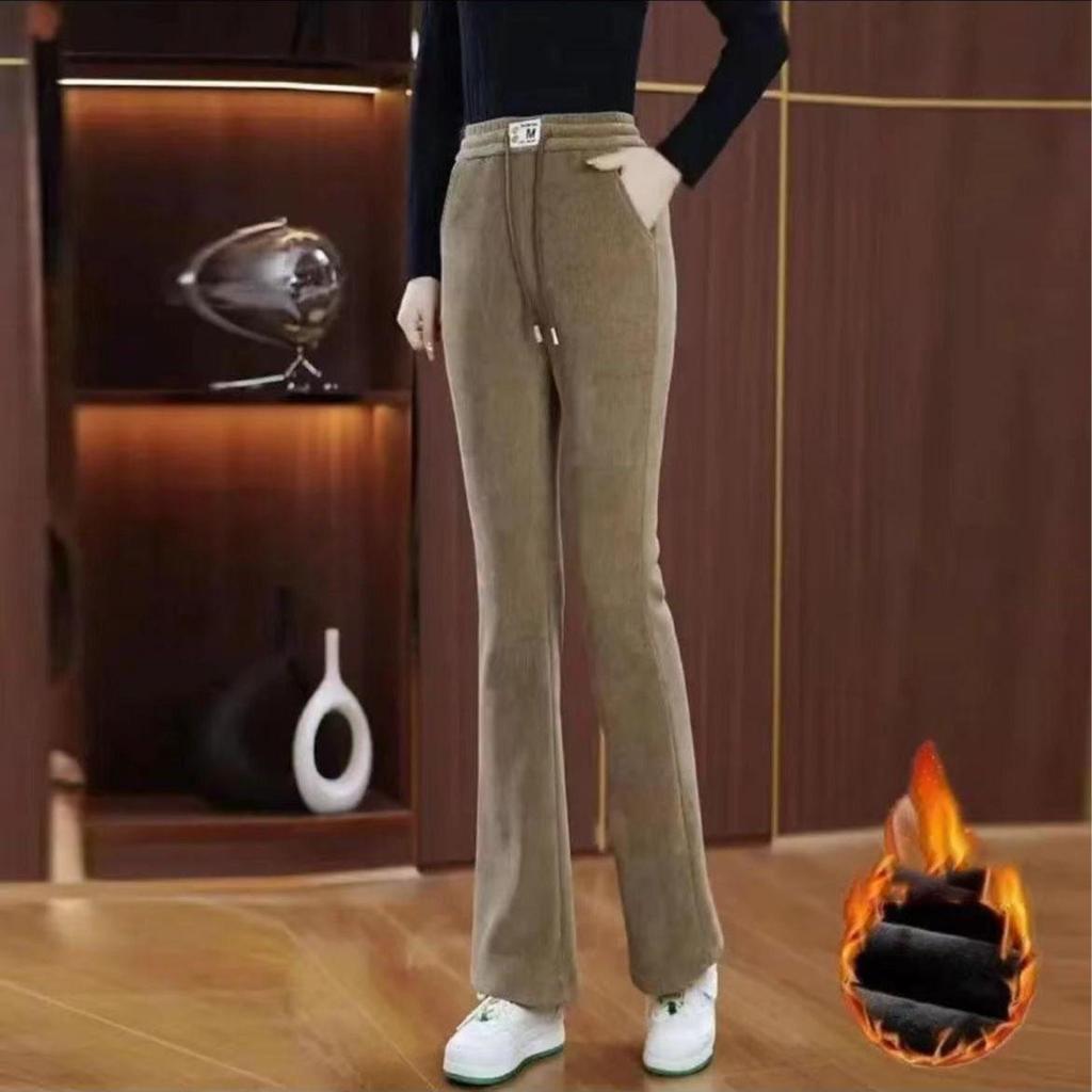 Women Autumn Winter Thick Warm Bell-bottoms Female Elastic High Waist Slim Trousers Ladies Solid Color Long Pants