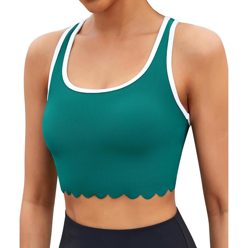 CHARMLEAKS Bikini Top per donna, scollo a barchetta, a coste, smerlato, costume da bagno imbottito, costume da bagno sportivo