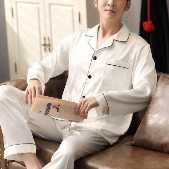 1 Takım Erkek Gecelik Tek Renk Uzun Kollu Tek Sıralı Ev Giyimi Buz İpek Bol Büyük Beden Pijama Takımı Ev İçin