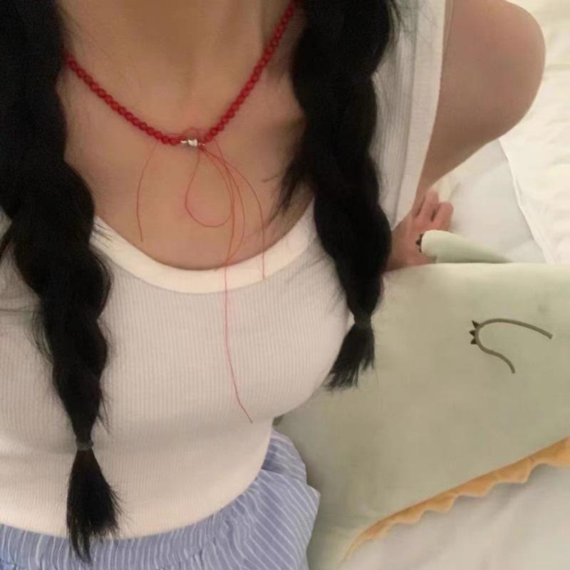 Mona Style Retro Coral Red Beaded Choker Necklace