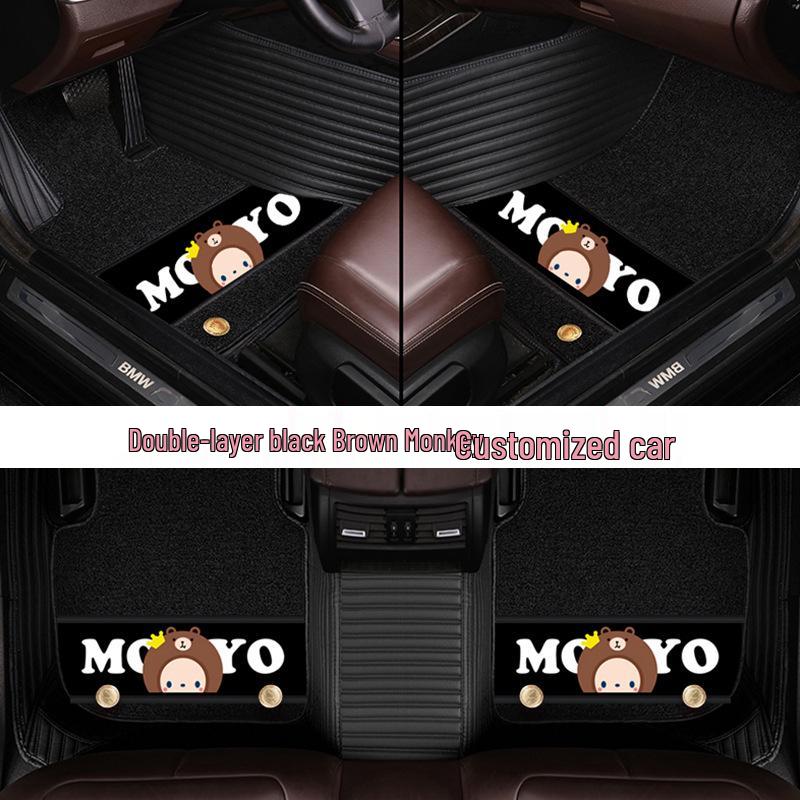 Custom Leather Car Floor Mats for Women - Cartoon Design, Double-Layer, Full Coverage