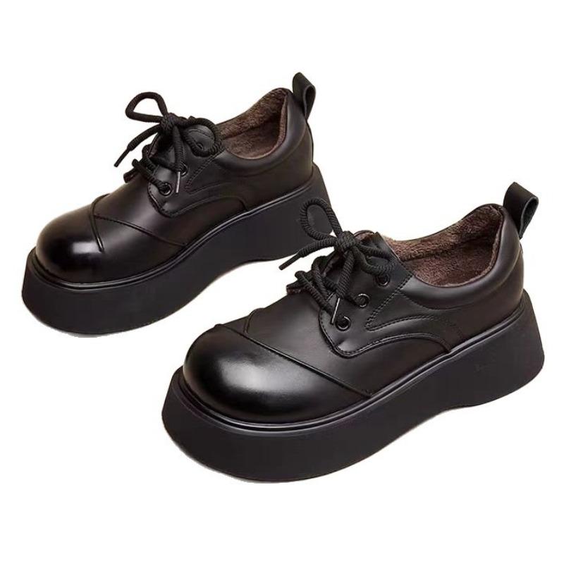 Fashion Velvet Small Leather Shoes Autumn and Winter New Lace-up Soft-soled Single Shoes Thick-soled Height Increase Women