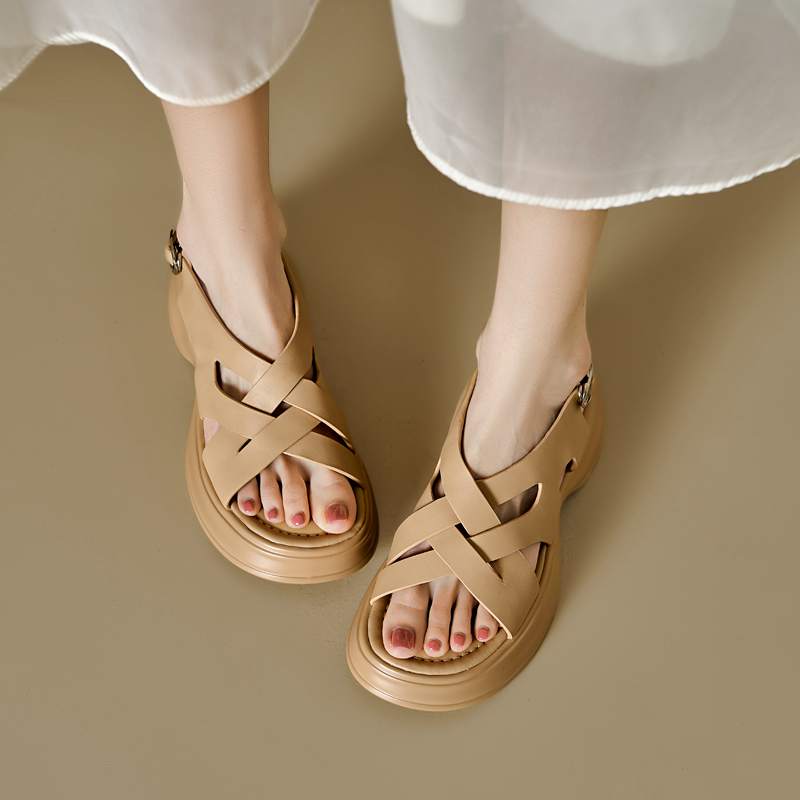 Krazing Pot Sheepskin Peep Toe Thick High Heels Summer Shoes Buckle Straps Platform Weaving Style Women Sandals