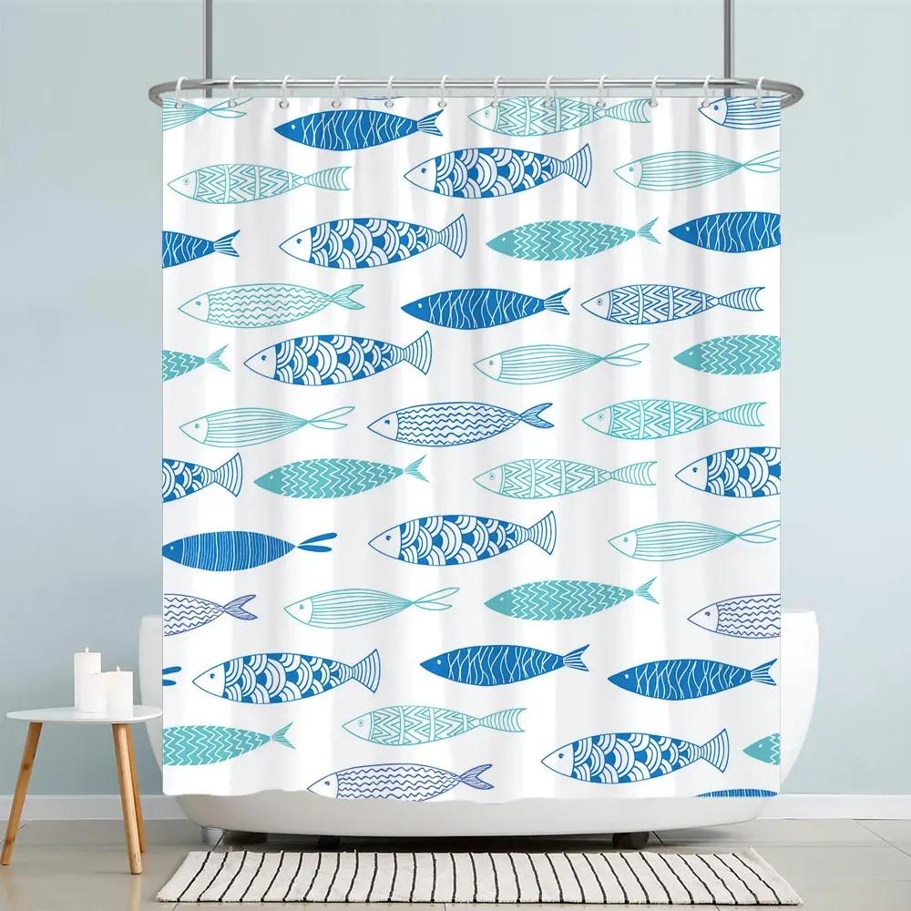 Kids Cartoon Animal Shower Curtain Funny Letters Blue Watercolour Fish Polyester Fabric Washable Shower Curtains Bathroom Deco