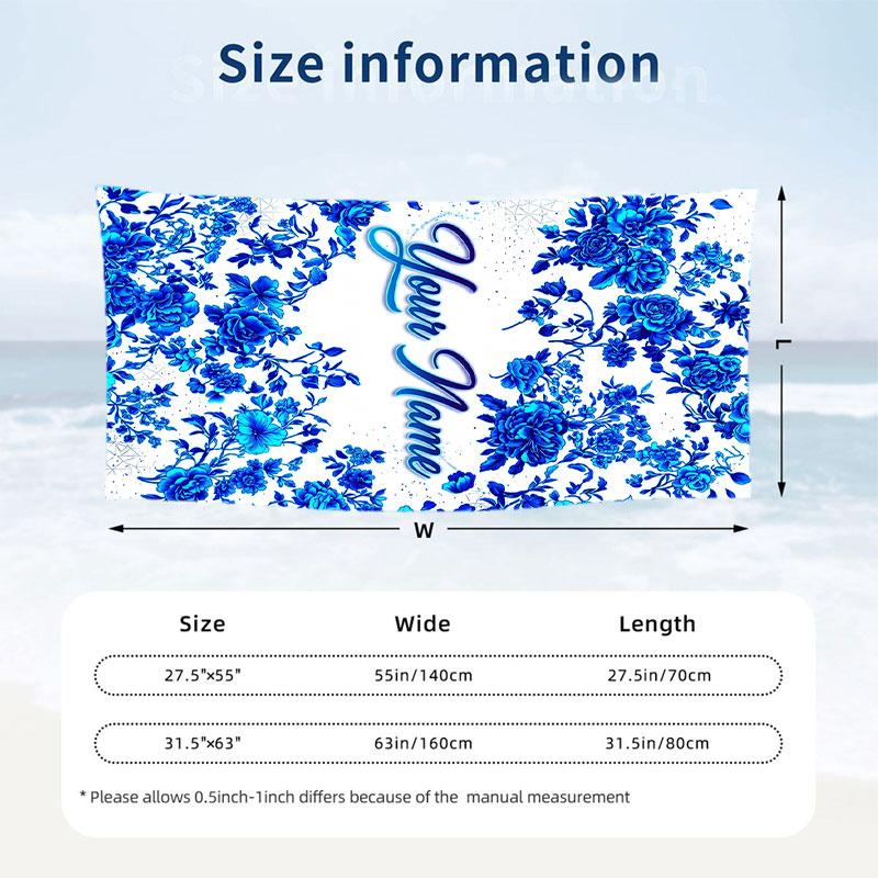 Blue Floral Elegance 1 Theme Quick Dry Beach Towel Custom Name Text Print Large Sand Resistant Towel Beach Vacation
