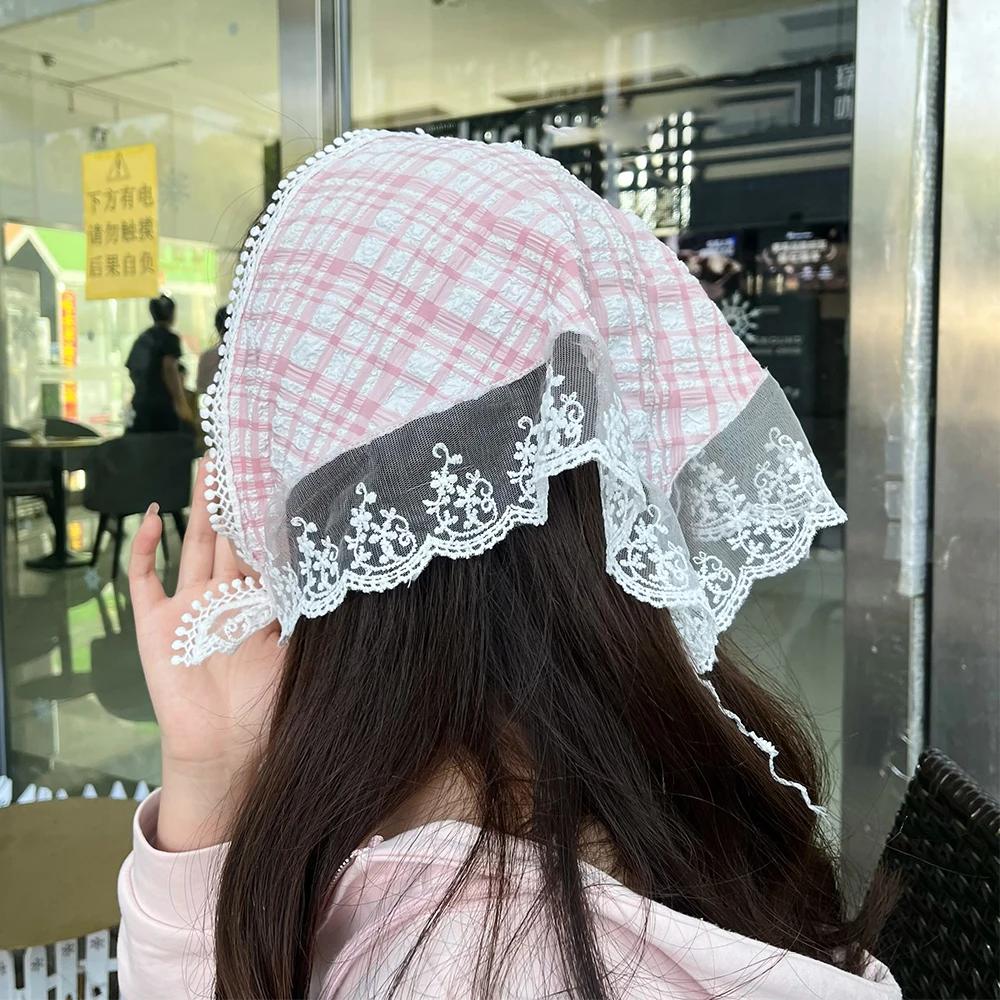 New Korean Sweet Lace Flower Triangle Hair Scarf Women Square Scarf Headband Pastoral Headdress Summer Seaside Hair Accessories