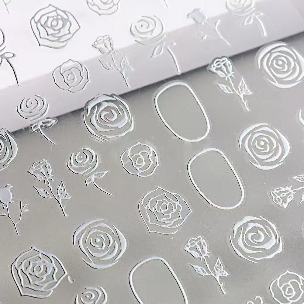 

Новая 3D трехмерная наклейка для маникюра с розой, наклейка с цветущей вишней, наклейка для ногтей с маленьким узором на клеевой основе T196-Hollow Rose, Silver