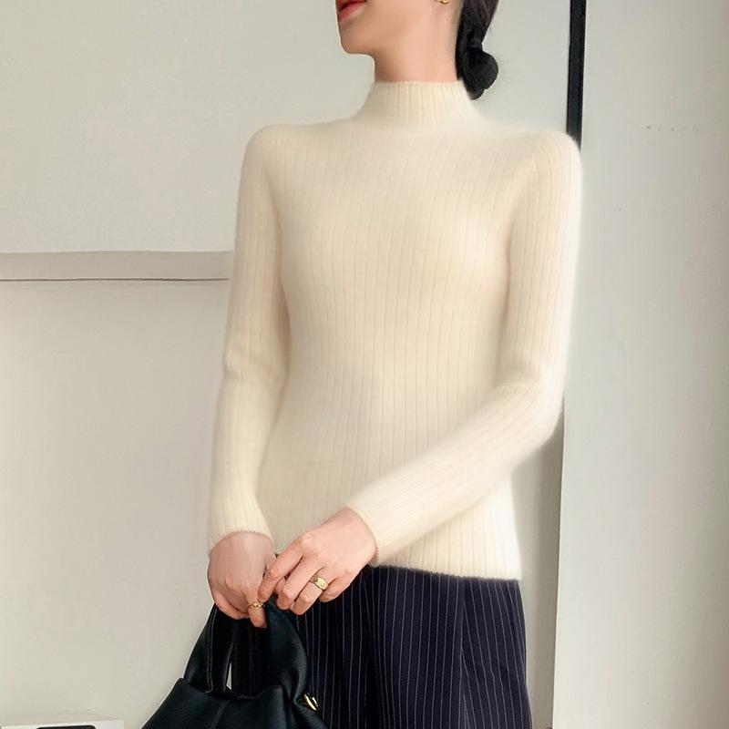 Premium Cashmere Rib-Knit Women's Slim-Fit Warm Sweater - Semi-High Neck, Thickened for Autumn & Winter.