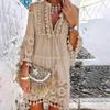 Vestido Mini Boho de Encaje con Escote en V y Borlas de Manga Tres Cuartos para Mujer
