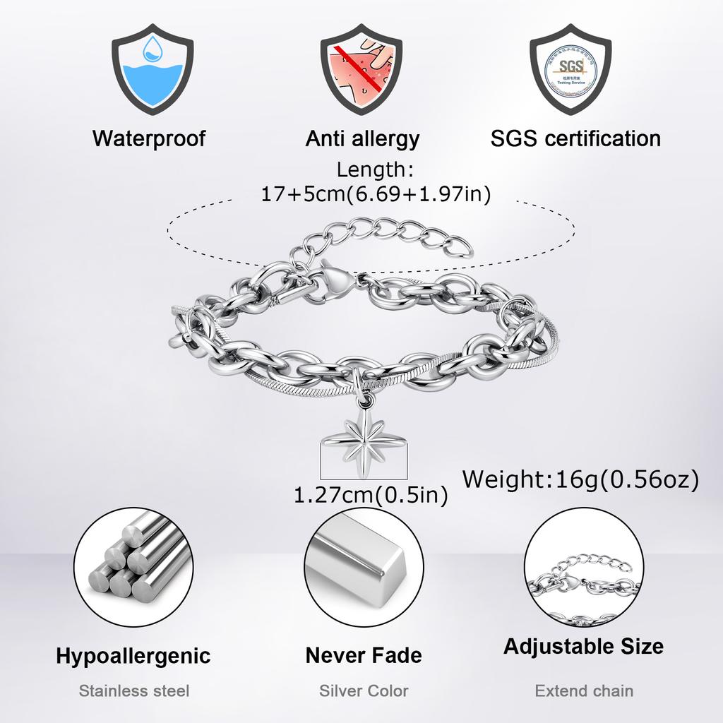 Hiphop Four-point Star Chain Bracelet for Men,Two Layers Stainless Steel Adjustable Chain Link Wristband Gift