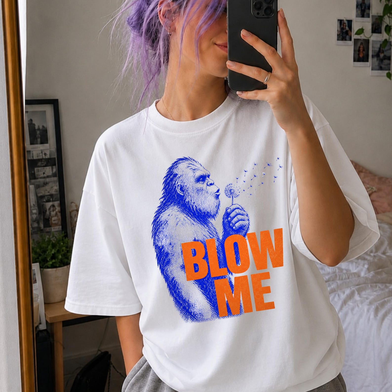 Stylish Funny Bigfoot Blow Me Shirt, Sasquatch Dandelion Tee, Retro Bigfoot Graphic Shirt, Vintage Cryptid Humor Tee. 4XL