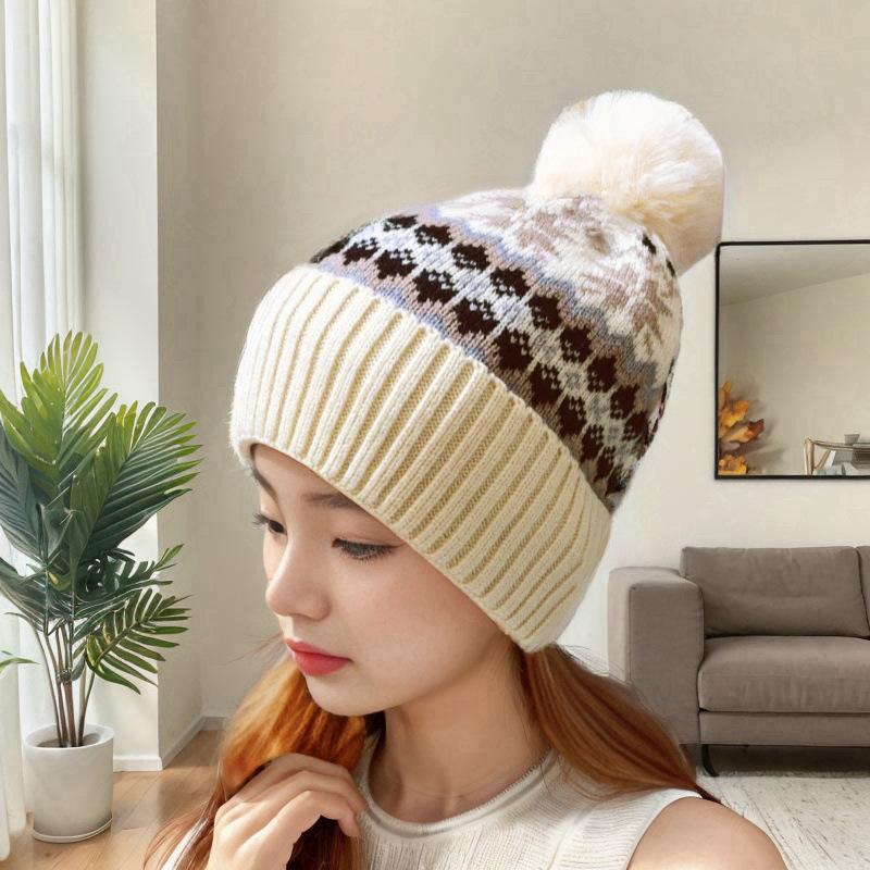 Winter Cashmere Woolen Hat for Women Fashionable and Versatile Warm and Cold Proof Wool Ball Knitted Hat Plus Velvet Thickened Cold Hat