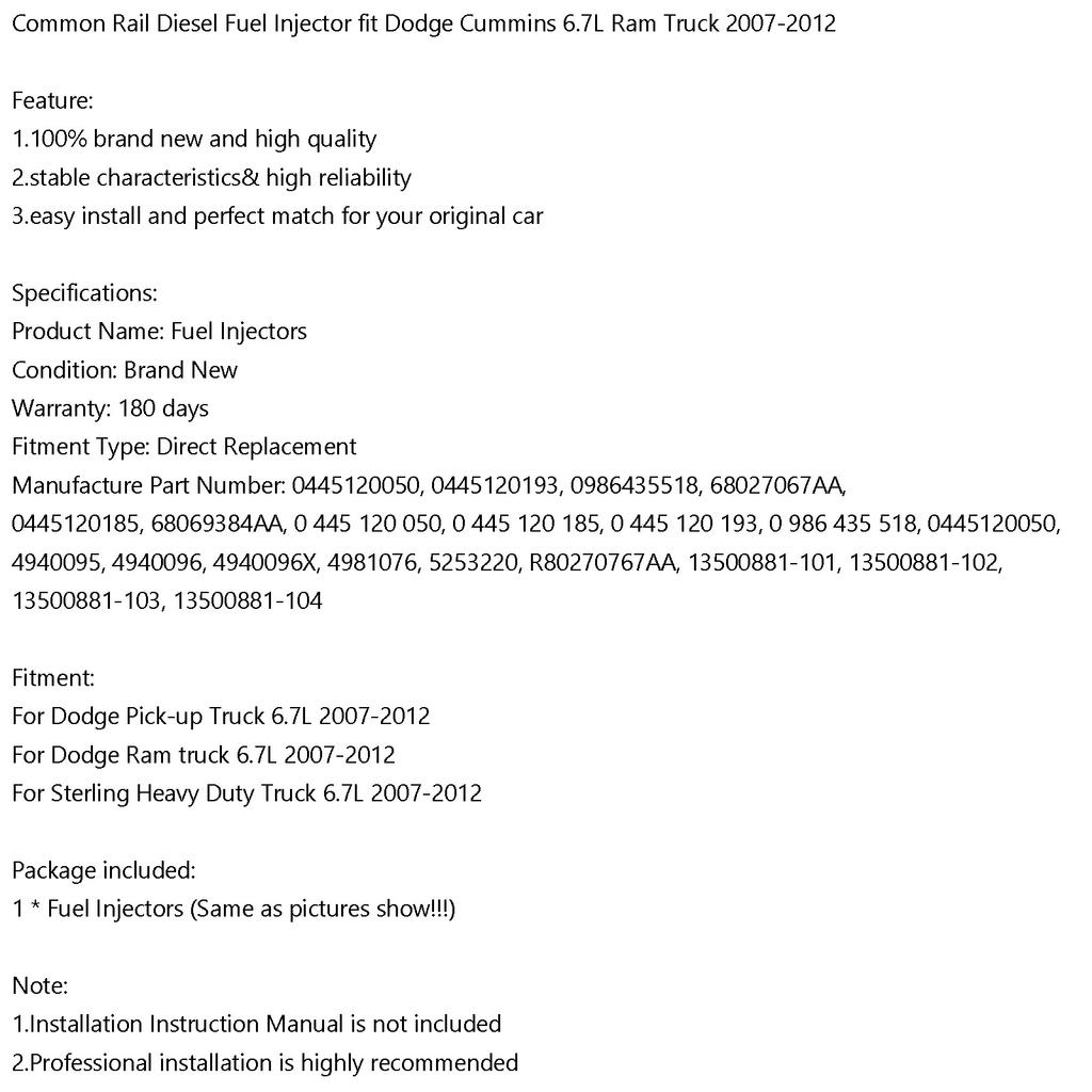 1PCS Common Rail Diesel Fuel Injector Fit Dodge Cummins 6.7L Ram Truck 2007-2012