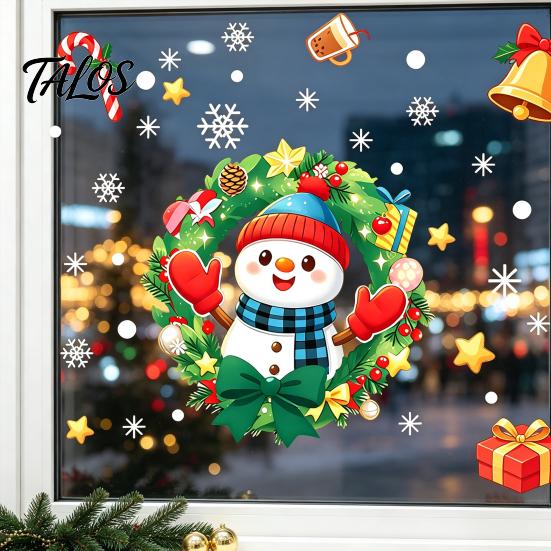 Gingerbread Man Decals Christmas Static Window Sticker, Wreath Pattern Print PVC Removable Decal, Decorative Film Waterproof Glass Cling for
