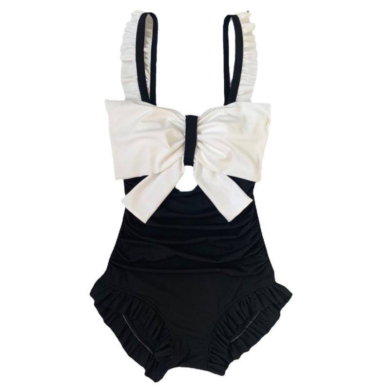 Bow Swimming Suit Women's Spa One-piece Swimwear South Korea Ins Obscure Belly Showing Thin Halter Sexy Beachwear