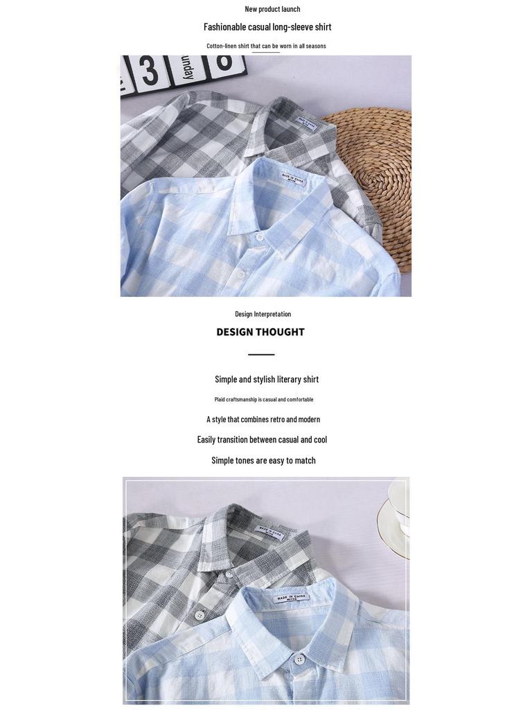 913 S/S Fresh Plaid Long Sleeve Shirt - Men's Casual Loose Fit Square Collar