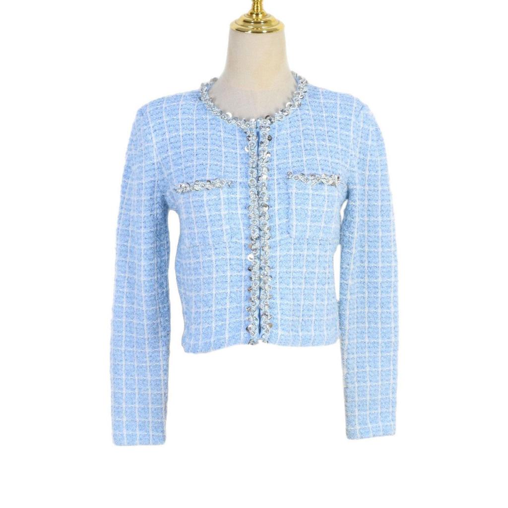 Schickes, französisch inspiriertes Strickjacken- und Bodycon-Midirock-Set mit Diamanten