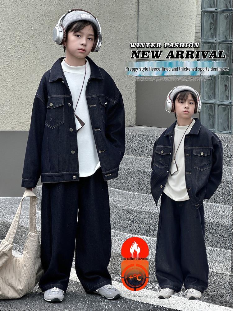 Boys' Preppy Style Denim Two-Piece: Warm Fleece-Lined Coat & Pants - 2025 Autumn/Winter Collection