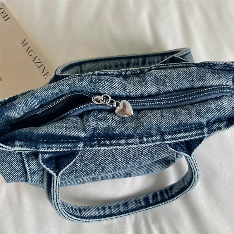 Mini Borsa Tote in Denim Lavato con Design a Lettere Ricamate Manico Superiore Borsa a Mano Piccola Casual per Donne Quotidiana