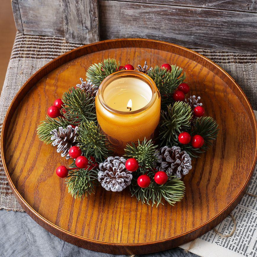 Christmas Wreath Artificial Berries Pinecone Pine Candlestick Wreaths Garland Candle Ring Table Home Party Decoration