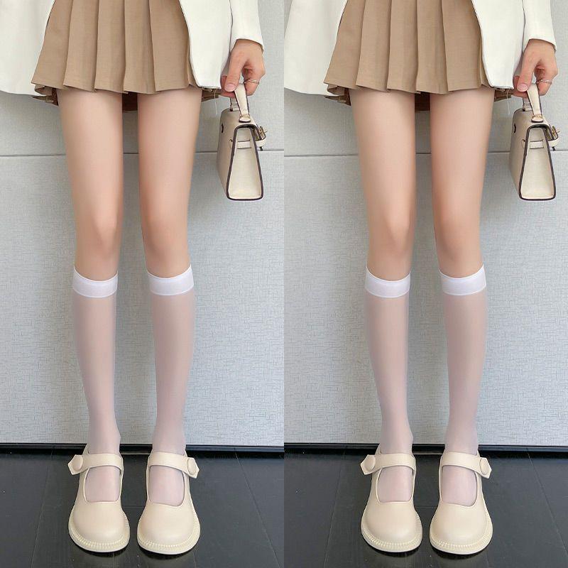 Summer Thin Stockings Transparent Calf Socks Women'S Breathable Versatile Medium Tube Socks Black Silk Knee Socks Thin Jk Calf Socks