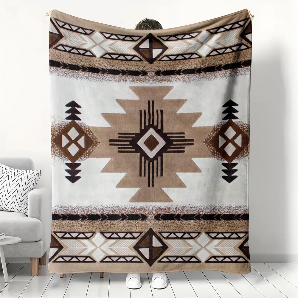 Southwestern Navajo Pattern Flannel Blanket, Tribal Geometric Art Throw, Soft Cozy for Western Style Home Decor Couch Gift 75x90cm