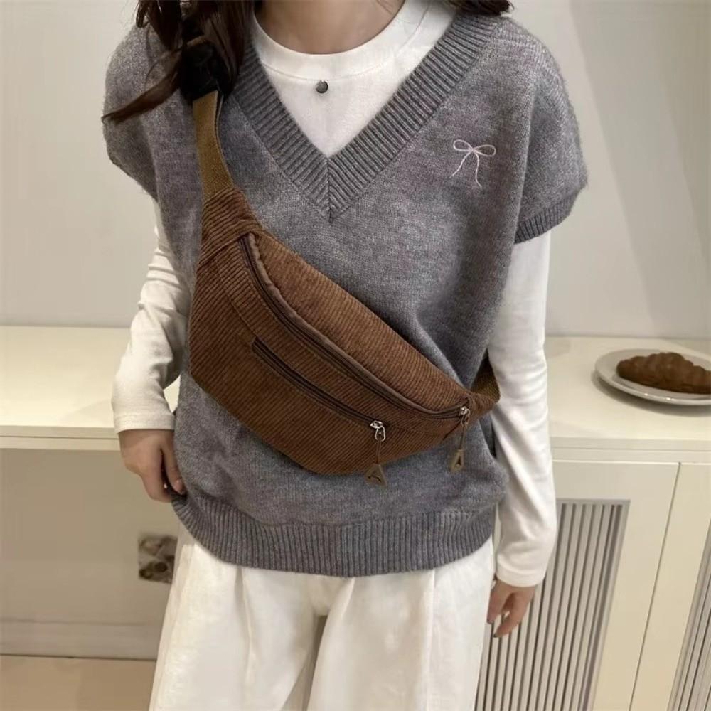 Fashi Großes Fassungsvermögen Hüfttasche Braun Korduroy Diebstahlschutz Brusttasche Umhängetasche Damen
