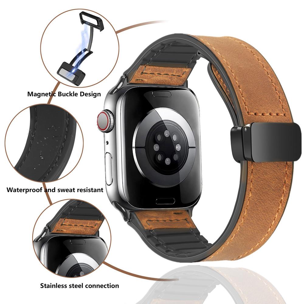 Leather+Silicone Strap for Apple Watch Band Ultra 49mm 44mm 45mm 41mm 46mm 40mm 42mm Magnetic Bracelet Iwatch Series 10 9 8 7 6