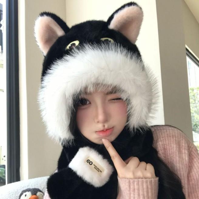 2025 cat ears plush scarf hat two-piece set winter ear protection cute furry animal warm