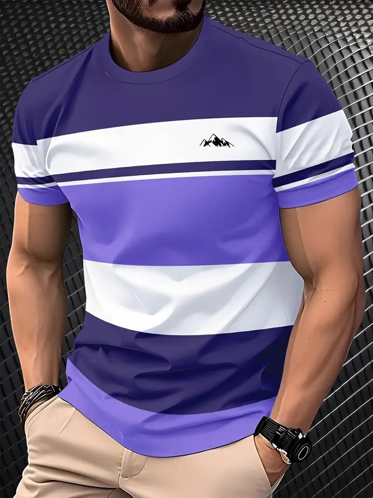 

Men s 3D Digital Print Short Sleeve T-Shirt Trendy Striped Design Breathable Round Neck Tee for Casual Wear S фіолетовий