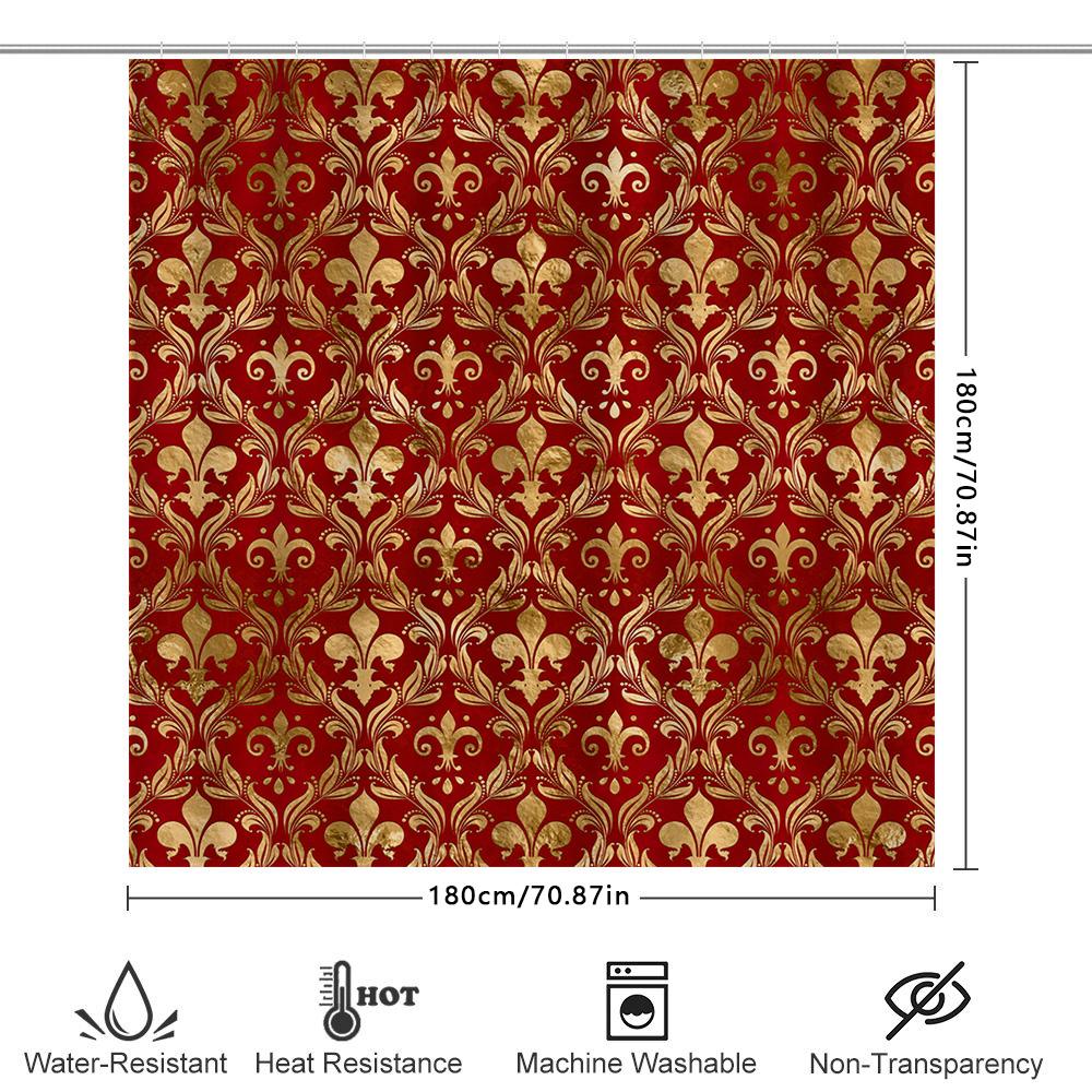 Luxury Golden Floral Shower Curtain with Fleur De Lis Design for Bathroom Decoration Red and Gold Pattern Print Waterproof Fabri