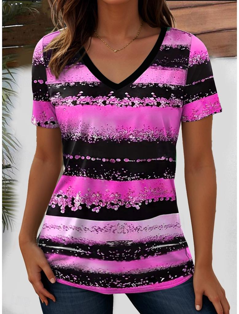 Kadın Tişört Okyanus Çizgili Grafik Moda Kısa Kollu V Yaka Normal Üstler Günlük Baskılı Tişört Yaz Bahar günlük Üstler