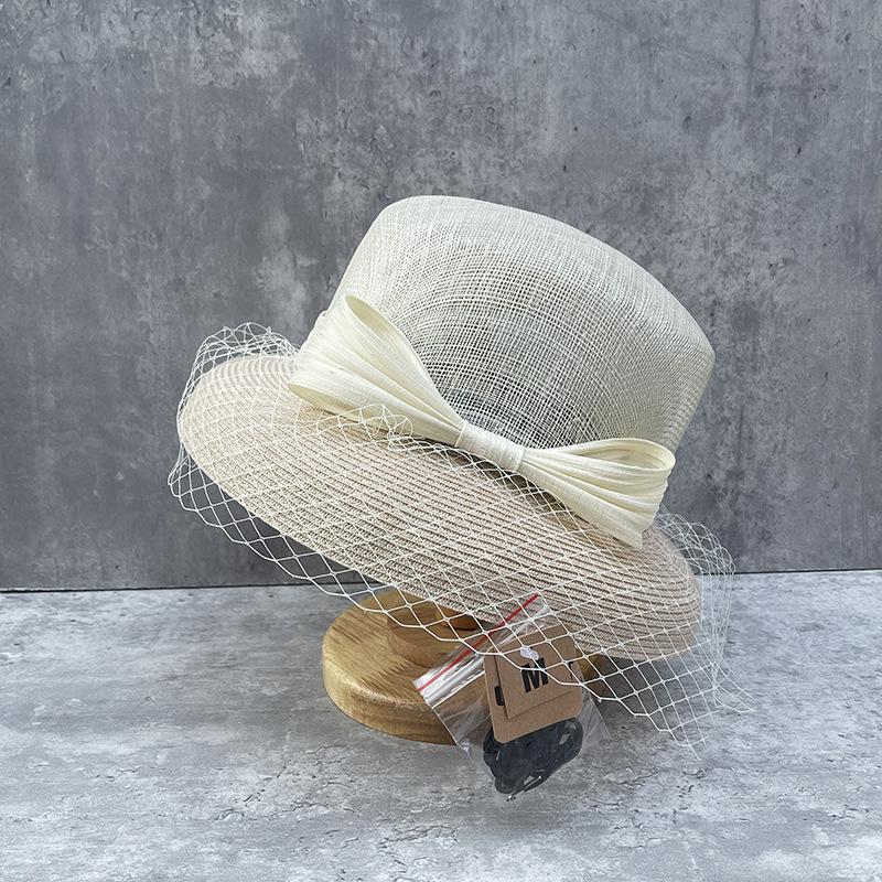 French style retro Hepburn style net yarn silk hemp bow top hat women large edge hemp yarn patchstraw lamp shade fisherman's hat