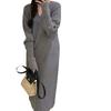 Autumn and winter lazy style thin V-neck pullover sweater loose casual temperament solid color long-sleeved knitted dress