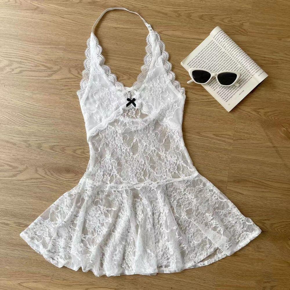 Transparent Lace-up Short Skirts A-line Dresses Women Fashion Lace Halter Dress Party