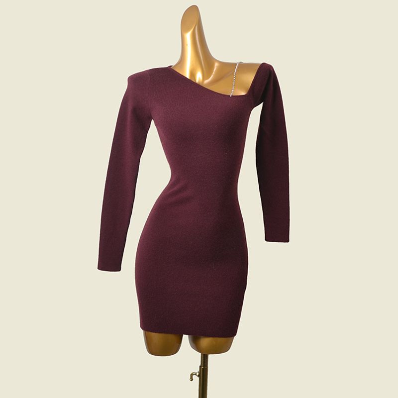 

British Fashion Brand Stylish off-the-Shoulder Long Sleeves Bodycon Dress British Style Sexy Sexy Bottoming Export Skirt Burgundy 8