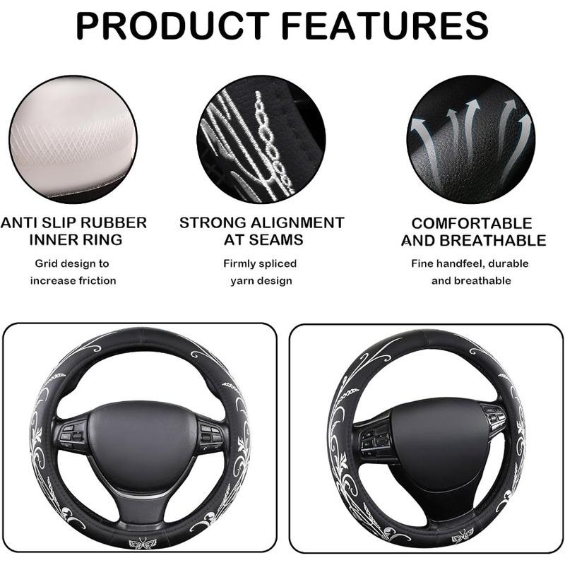 White Embroidery Butterfly Car Steering Wheel Cover14.515 Inch Universal Leather Covers Breathable AntiSlip Odorless Steering W
